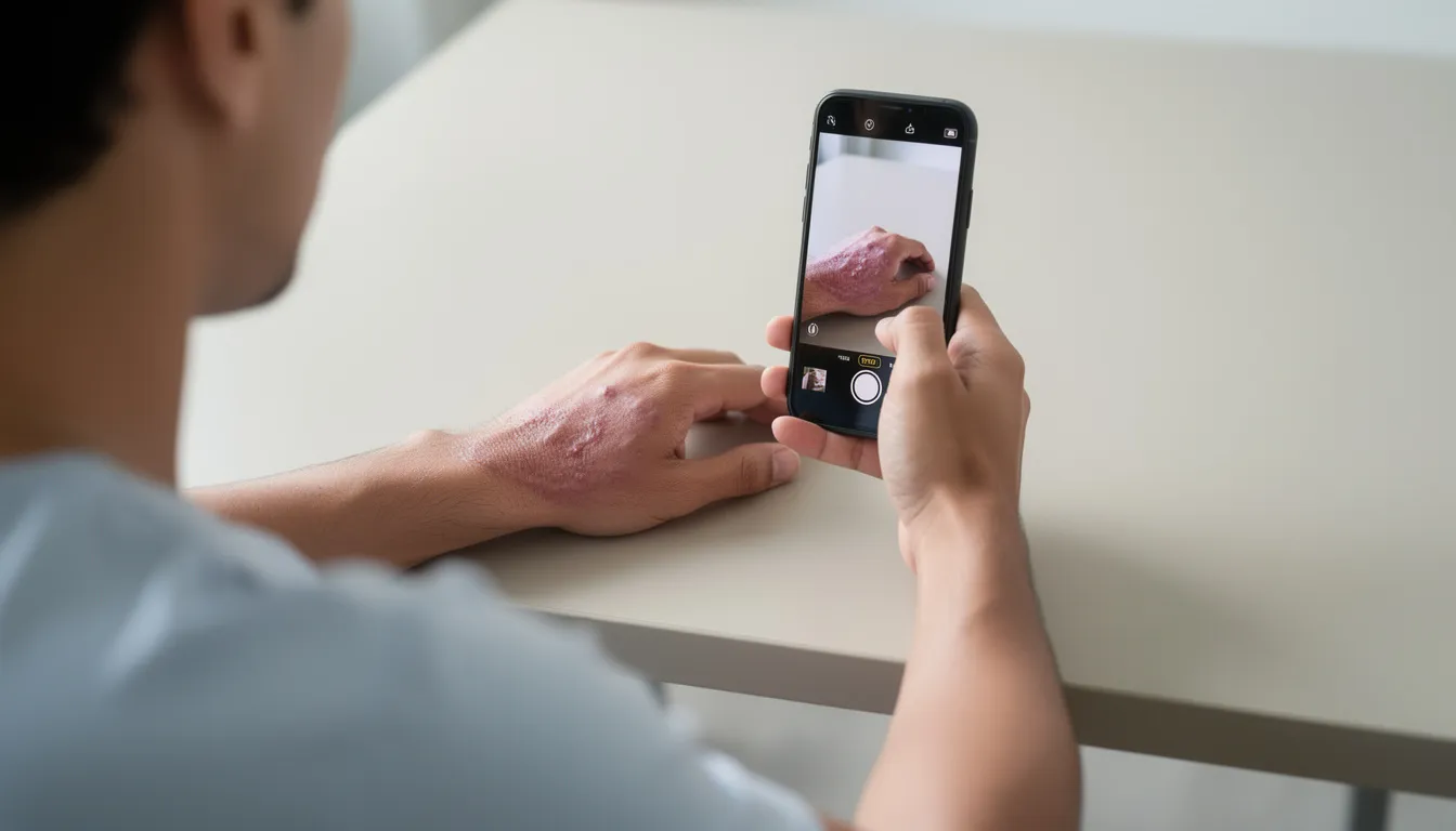 The image shows a person documenting their arm with a smartphone, focusing on the keloid scars present on the skin. The surrounding skin appears healthy, highlighting the contrast between the raised scars and the normal skin texture.