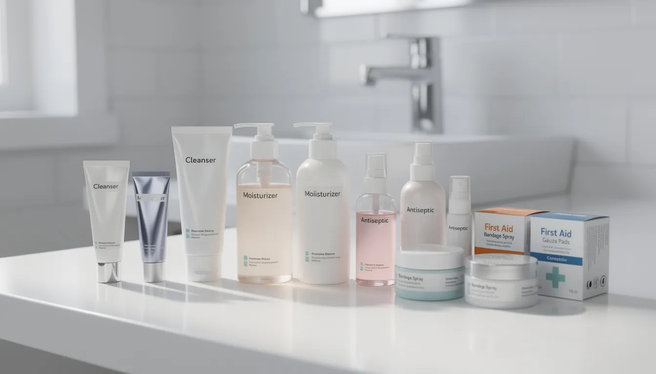 The image depicts a variety of skincare and first aid products, including tubes and bottles, neatly arranged on a bathroom counter, highlighting options for scar treatment such as creams and gels that can help reduce keloid scars and manage inflammation. These products are essential for proper wound care and can aid in the healing process for various skin injuries, including surgical scars and acne marks.