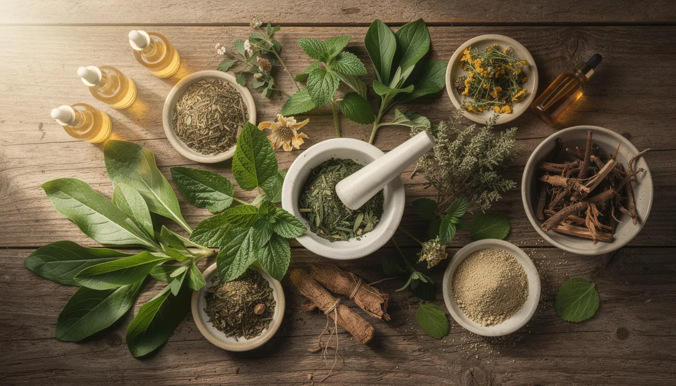The image features an array of natural herbal ingredients, including various plants and botanical extracts, suggesting a focus on holistic approaches to skin health. These ingredients may be used in treatments for keloid scars, emphasizing the connection between natural beauty and effective keloid treatment options.