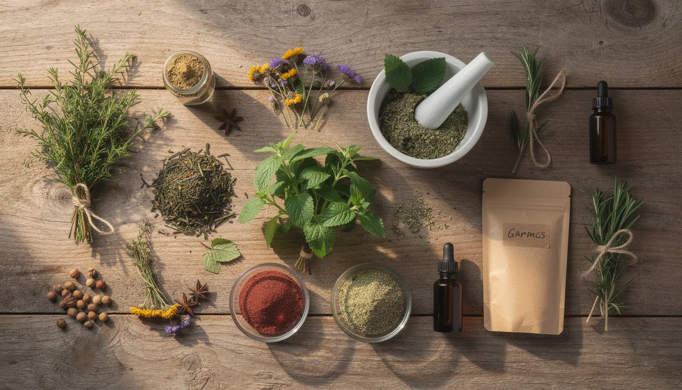 The image features an array of natural herbal plants and botanical ingredients artfully arranged on a wooden surface, highlighting the beauty of nature's remedies. These ingredients may be used in various treatments, including keloid treatment and scar revision, emphasizing the connection between natural healing and dermatologic care.