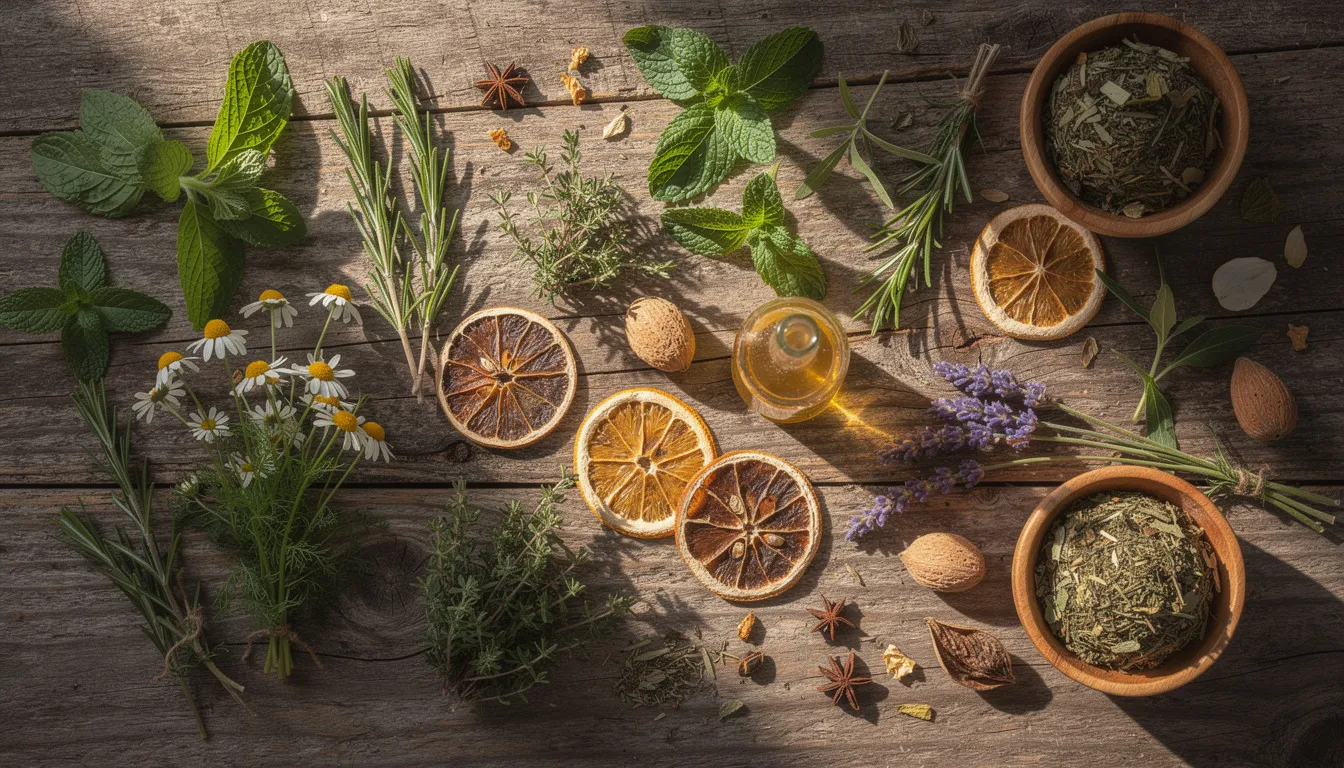 The image features a variety of natural herbal plants and botanicals artfully arranged on a wooden surface, showcasing their vibrant colors and textures. These plants may be associated with home remedies for skin healing, including treatments for keloid scars and inflammation.