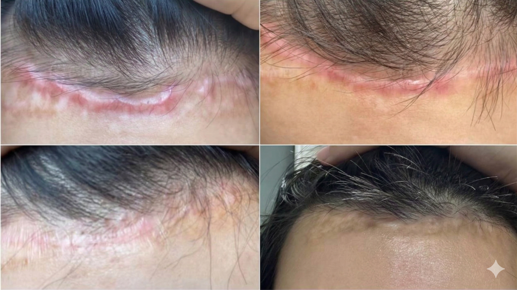 Before-and-after results of scalp scars treated with Herba scar solution, according to patient reports.