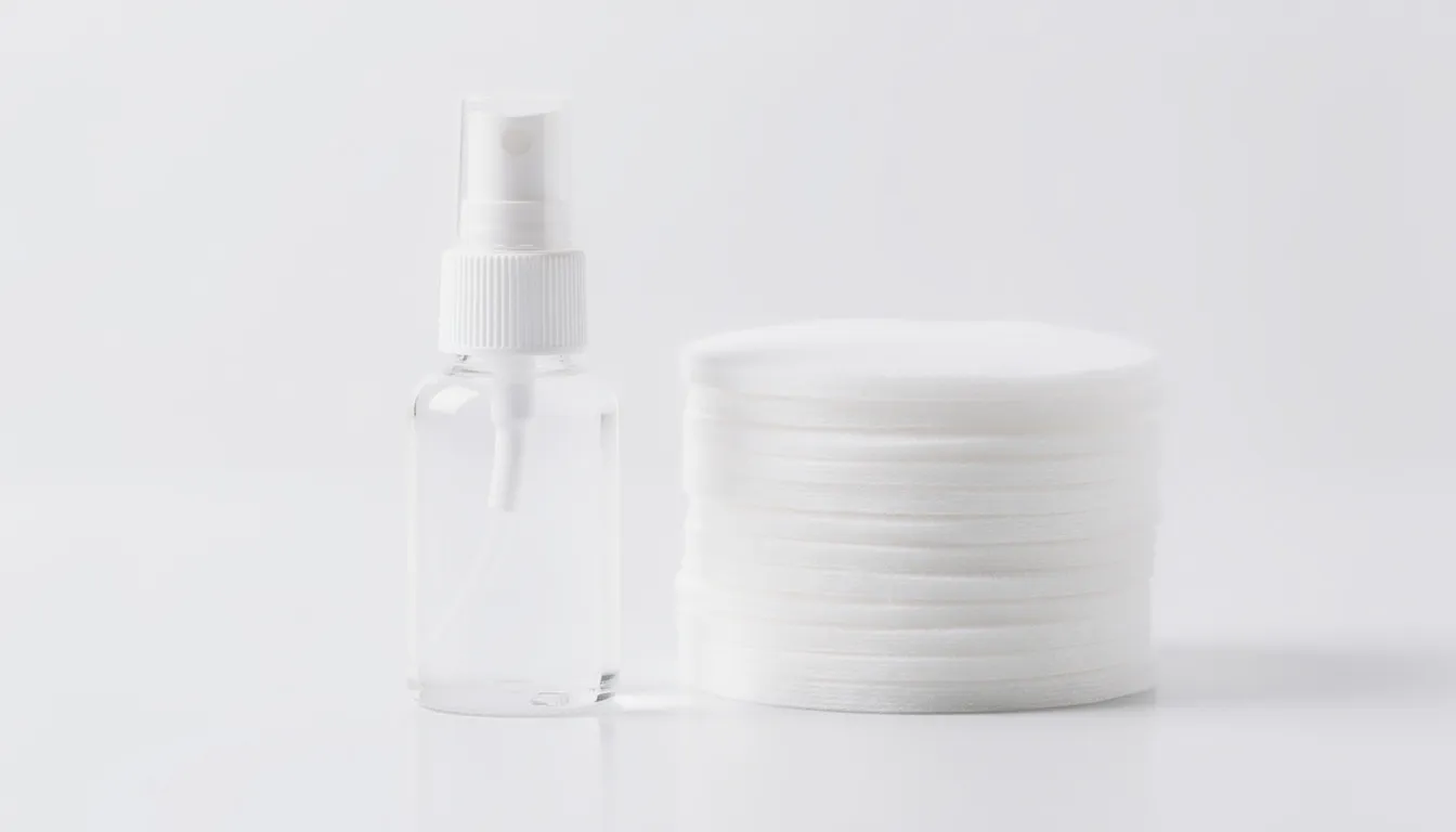 The image features a bottle of sterile saline solution placed next to clean cotton pads, which are often used for gentle cleaning of a new ear piercing or to help prevent irritation bumps at the piercing site. This setup emphasizes the importance of proper aftercare to avoid complications such as piercing bumps or keloids.