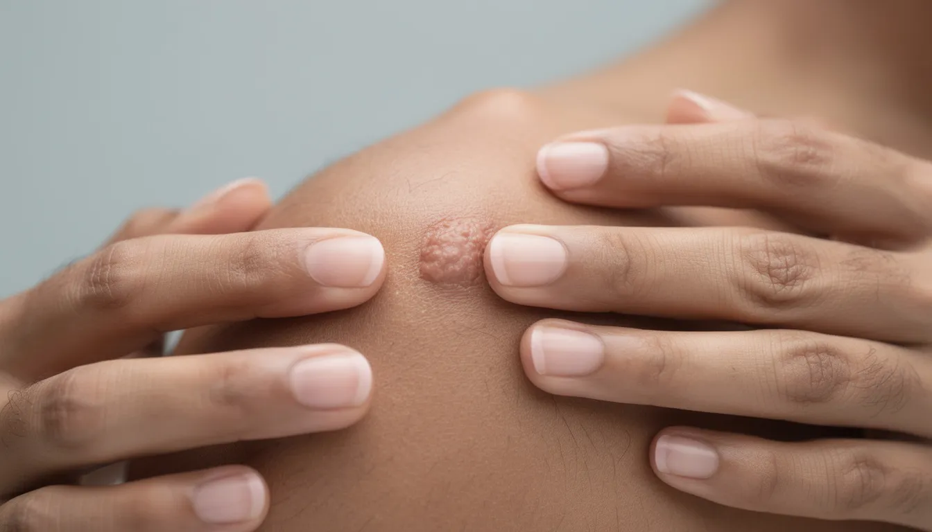 A close-up image shows hands gently examining raised keloid scars on the shoulder area, highlighting the texture of the scar tissue and the surrounding skin. This visual emphasizes the importance of proper wound care and treatment options for managing keloid formation, particularly for individuals with darker skin tones.