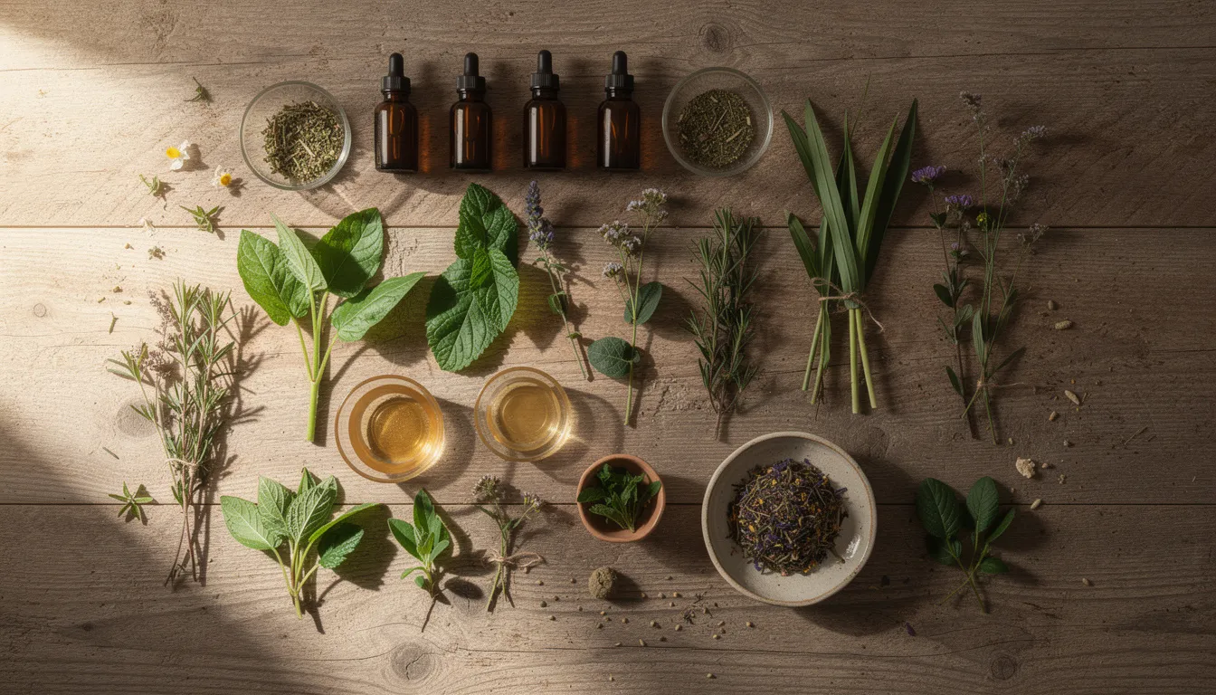 The image features a beautifully arranged collection of natural botanical herbs and plant extracts displayed on a rustic wooden surface, highlighting their organic textures and colors. This composition evokes a sense of healing and natural remedy, which can be beneficial in discussions about hypertrophic and keloid scars, as well as wound healing and scar management.
