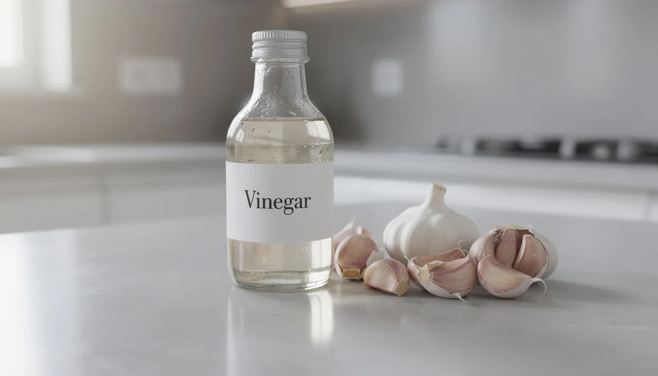 The image shows a kitchen counter featuring a bottle of vinegar alongside several garlic cloves, suggesting a potential home remedy setup. This scene could be associated with natural treatments for skin conditions like keloid scars, where vinegar and garlic may be used for their anti-inflammatory properties.