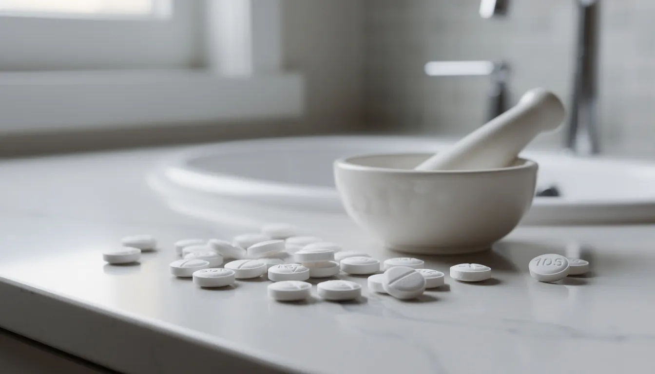 The image features several aspirin tablets placed next to a small bowl and pestle on a bathroom counter, suggesting a potential home remedy for treating keloid scars. Aspirin is known for its anti-inflammatory properties and may be used in various treatments to ease inflammation and promote healing of skin injuries.
