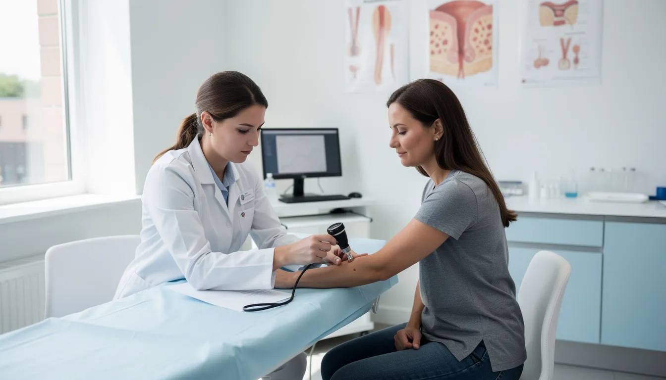 A dermatologist is seen examining a patient's skin during a consultation, likely discussing treatment options for keloid scars. The setting suggests a focus on medical treatment and possible keloid removal procedures, which may include discussions about costs and various therapies.